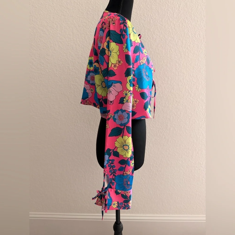 ZARA Satin Effect Floral Tie-Front Crop Top | Neon Pink Print